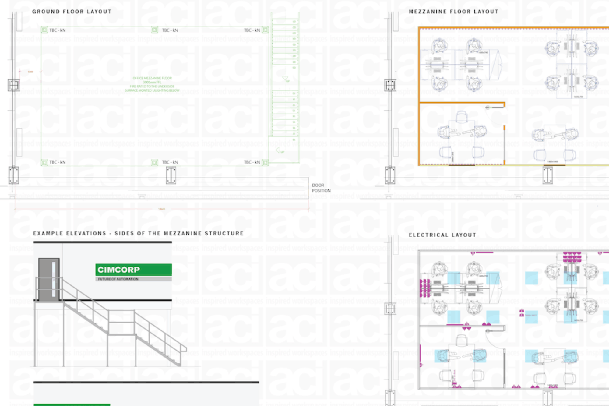 An image showing a CAD drawing of a mezzanine floor proposal for Cimcorp, with a mezzanine floor design including offices.