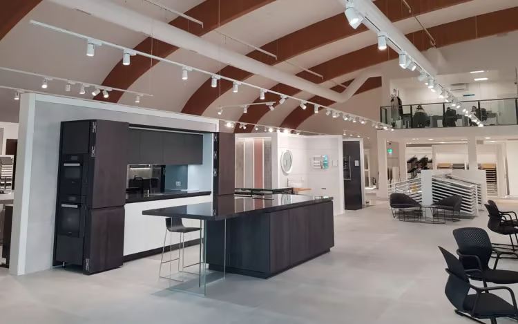 An image showing a Porcelanosa shop floor with a retail mezzanine floor included